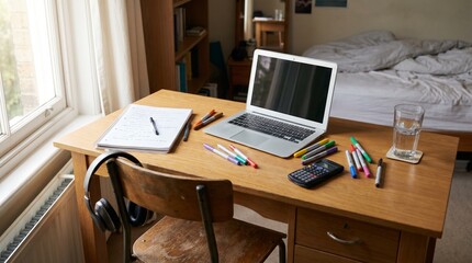 Fototapeta premium Home office desk with laptop, stationery, and headphones in daylight 
