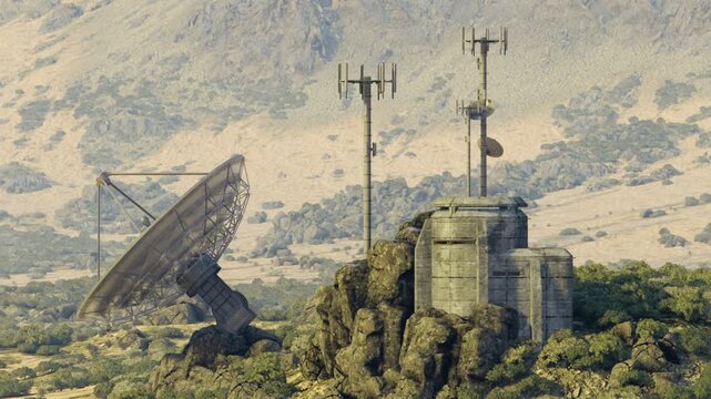 Abandoned mountain outpost with satellite dish, former communication relay perched on rocky plateau, concrete bunker and rusted antenna, moss and scrub