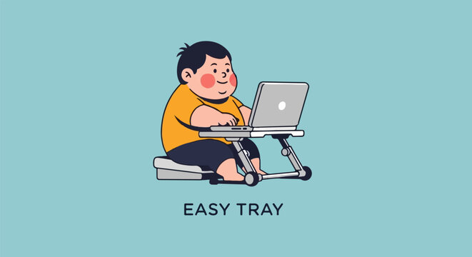 Male character using laptop on blue striped background