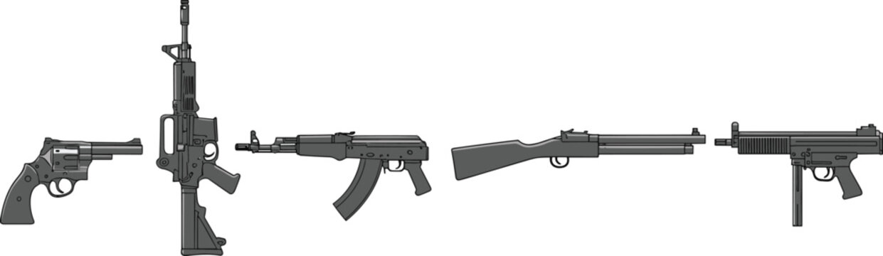 Classic and Modern Firearm Vector Collection Featuring Revolver Rifles Shotgun and Tactical Submachine Gun Illustrations