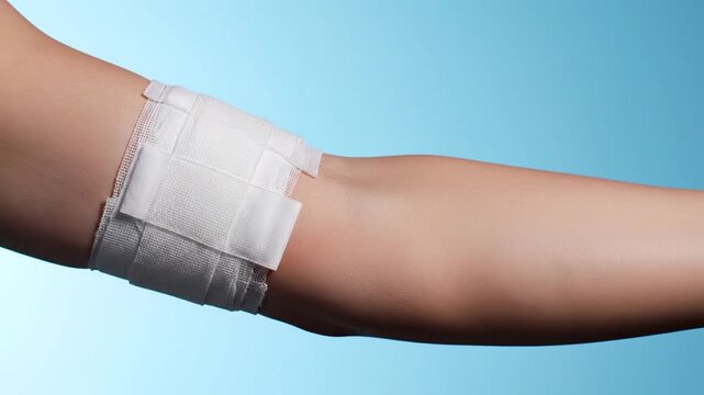 Close-up of a bandaged elbow on a light blue background