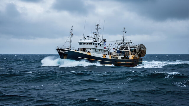 Industrial fishing trawler navigating rough seas under a cloudy sky. Commercial boat on the ocean with waves and spray. Maritime industry and fishing concept