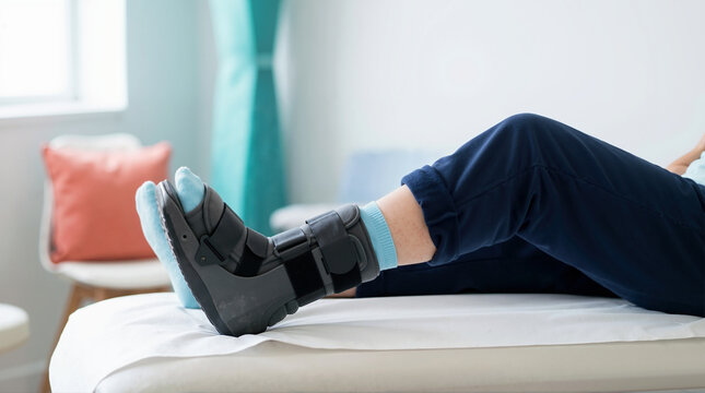 Patient leg in a black orthopedic fracture boot. Medical recovery from foot and ankle injury. Rehabilitation and healthcare concept