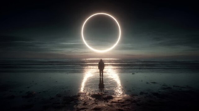 Fantasy wallpaper. A dramatic, atmospheric portrayal of a solitary figure standing on a beach, bathed in the soft glow of the setting sun. The figure, facing away from the viewer.