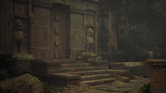 Carved portal guarded by stone figures silhouetted against dusk, intricate reliefs and weathering tell heritage story, patina and fern growth adding textured