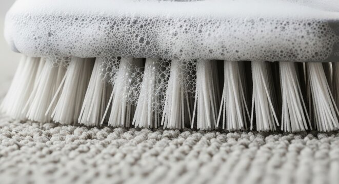 Cleaning process with soapy brush on textured carpet surface. Foam and bristles work together for deep cleaning, ensuring thorough care. Concept cleaning service for home maintenance.