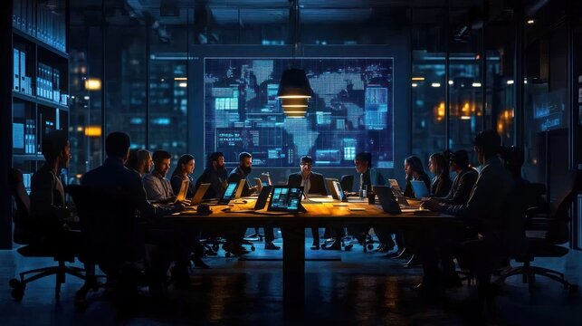 Global team meeting, tech crisis response, dark office, world map display, stock photo