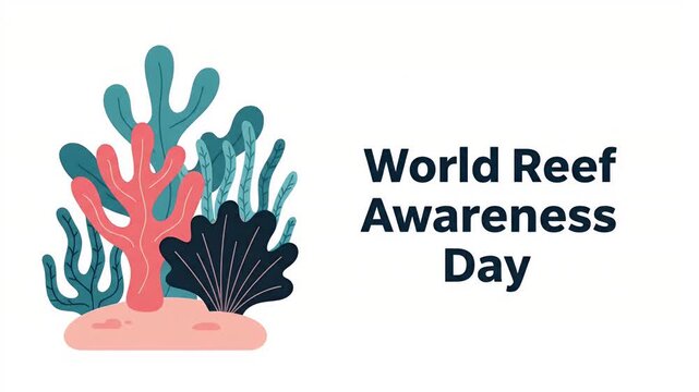 World reef awareness day concept with colorful coral and seaweed on white background