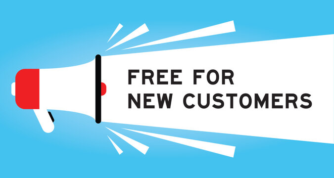 Color megaphone icon with word free for new customers in white banner on blue background