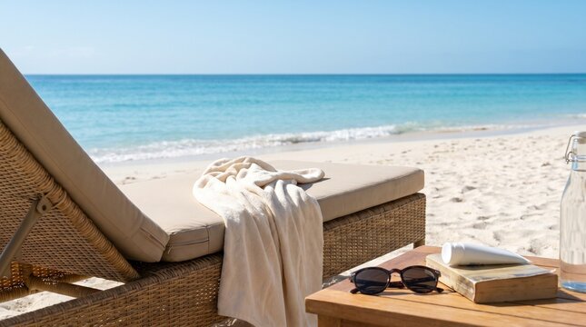 Relaxing beach scene with lounge chair and ocean view  