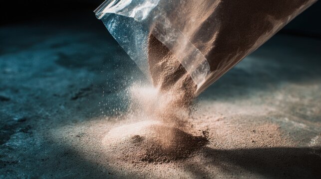Sand spilling from the bottom of a container highlighting fine granular texture and warm earthy tones