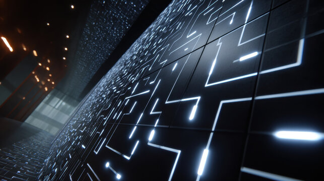 Giant wall digital world glowing line dark surface futuristic pattern abstract background data wall neon light technology wall 3d render
