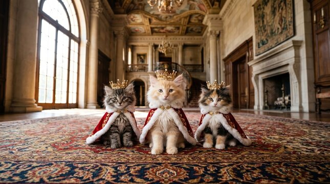 Regal Feline Trio Posing in a Grand Opulent Hall