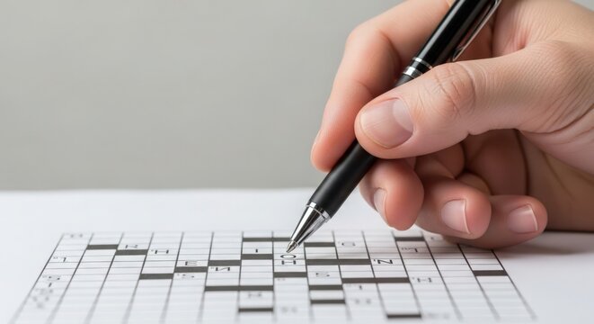 Hand solving crossword puzzle with black pen on white background. Crossword grid filled with letters in neat arrangement, providing an enjoyable challenge for puzzle enthusiasts.