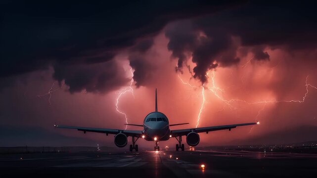 Travel trip journey. A dramatic nighttime scene depicts an airplane on a runway. The sky is filled with dark, stormy clouds illuminated by bright lightning bolts. The plane.