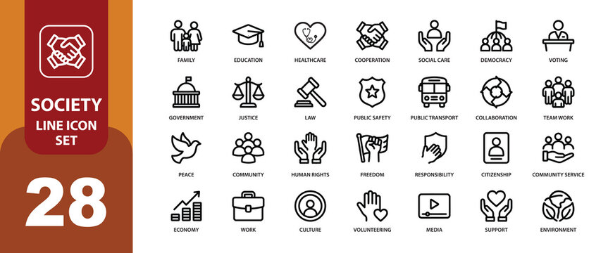 Society line icon set vector illustration of 28 social concept symbols