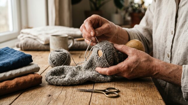 Woman darning grey wool sock with wooden tool on wooden table. Handmade repair of damaged clothing. Hobby, needlework and sustainable lifestyle, mindful living and craft concept.