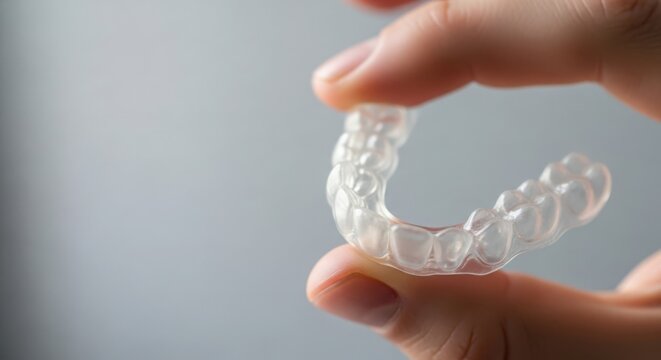 Clear dental aligner held in hand showcasing modern orthodontic treatment for perfect smile. Clear aligner represents innovative approach to teeth straightening and dental aesthetics for oral health.