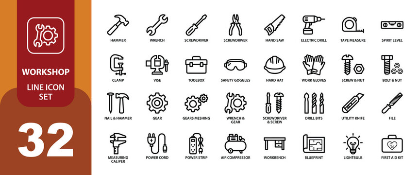 Workshop line icon set vector illustration of 32 essential tools and equipment