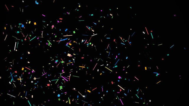 Colorful fireworks of colored confetti explodes on a  black background, animation of the explosion and fall of confetti in 4K format, 3D animation frames, confetti bomb effect from the inside