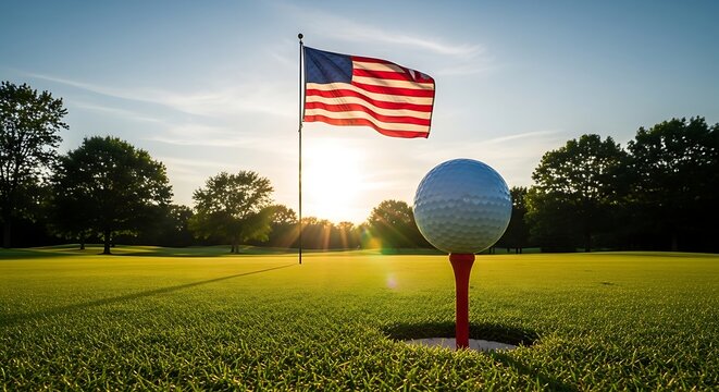 American flag and golf ball on tee at sunrise