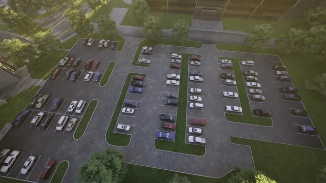 Overhead mall parking at dusk revealing compact car clusters, painted bays, tarmac lanes and ambient streetlight glow suggesting retail peak and urban afterwork