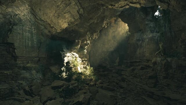 Sunlit cave floor with glowing moss and shafts of light in Waitomo Glowworm Caves, intimate grotto scene with textured limestone, soft bioluminescent ambiance