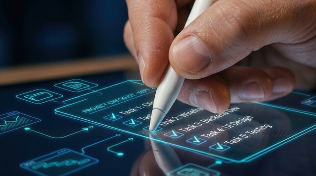 Close-up shot of a hand holding a stylus and interacting with a futuristic interface on a tablet, checking off a task on a project database list