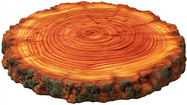 Wooden log slice with tree rings and rough bark edge cross section tree stump cut log
