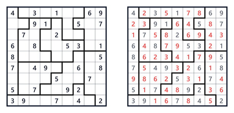Medium Jigsaw Sudoku puzzle layout with solution. Irregular 9x9 grid logic game. Math brain teaser