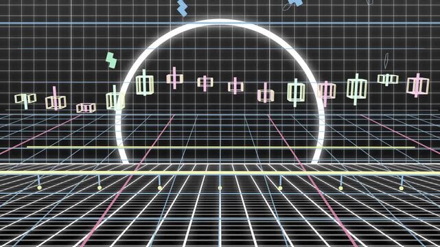 Vanishing grid starting flow, glowing arc taking small cubes, neon frame forming, centering scene