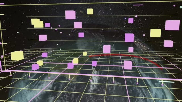 Earth entering 3D view showing neon grid pastel cubes floating arc sweeping mapping orbit paths