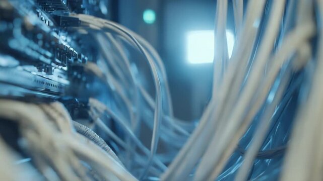 Network cables creating a complex web connecting various hardware components in a data center, illustrating the intricate infrastructure of modern digital technology and global connectivity