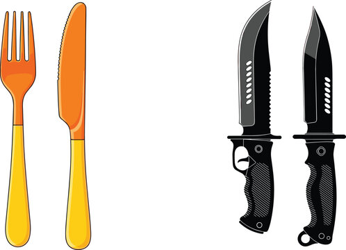 Fork Knife and Tactical Hunting Knife Vector Illustration Set with Kitchen and Outdoor Cutlery Designs