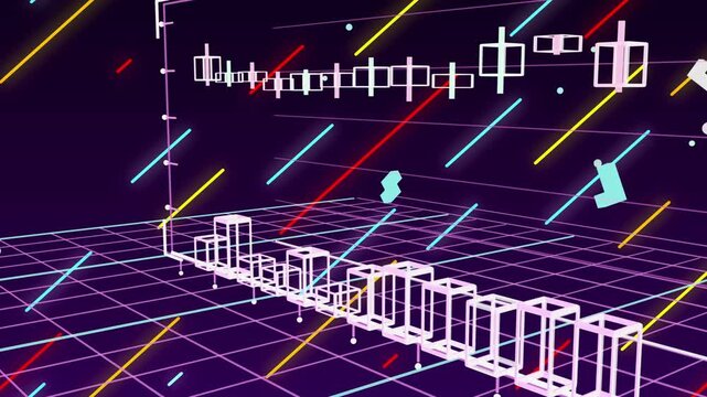 Camera tilting, wireframe cubes lifting and forming parallel chains, visualizing rising data trend
