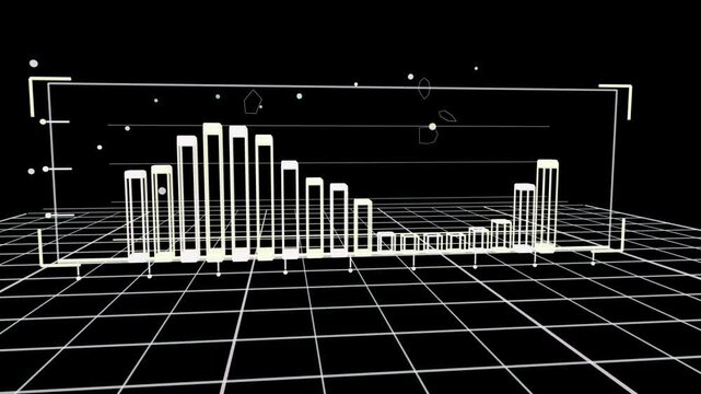 Camera pulling back and rotating, revealing wireframe bar chart, panning, visualizing distribution