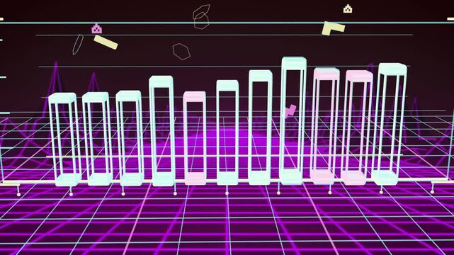 Magenta glow intensifying, 3D bars sliding in and pulsing, sprites drifting, visualizing data