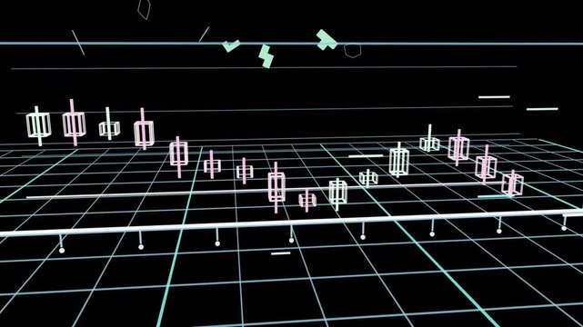 Glowing strip causing camera pulling back panning, 3D bars forming trough then rising showing trend