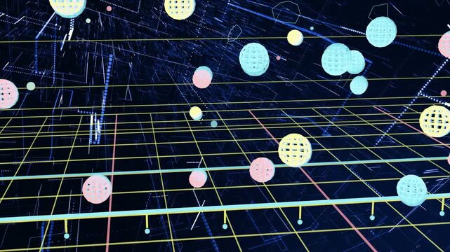 Neon grid, cyan rail lighting as particles sparking, orbs orbiting, camera moving back showing data