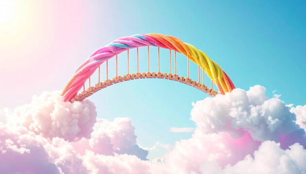 A Whimsical Rainbow Licorice Bridge Arching Over Dreamy Clouds in a Fantastical Sky
