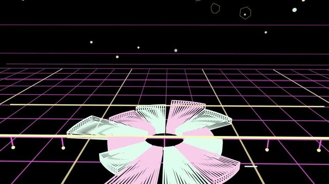 Bottom wedge emerging, mirrored wedge fanning, blades unfurling into rotating ring over neon grid