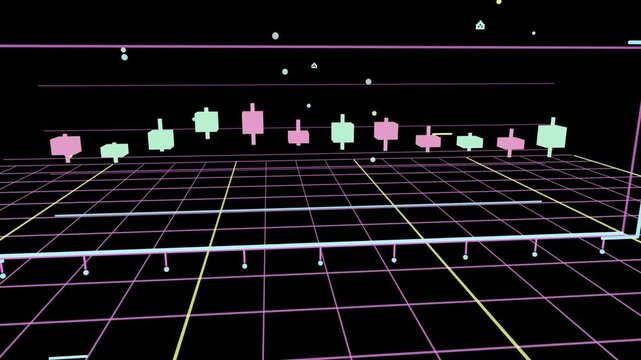 On play low camera panning and rotating rightward, revealing pastel candlesticks over neon grid