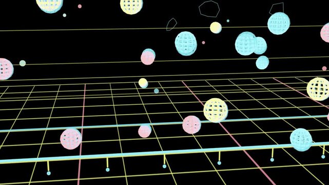 Camera pulling back, pastel orbs drifting and rotating past static cyan rail, filling wire grid