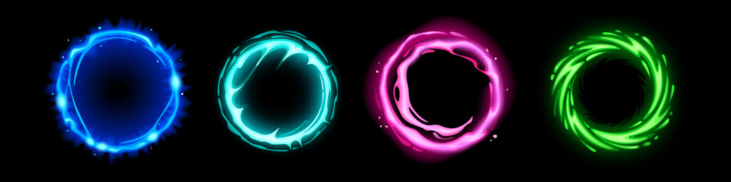 Light effect portal with neon glow and magic energy ring on dark background. Blue, green and pink circular frame with fire sparkles. Abstract vector luminous gateway and fantasy power elements.