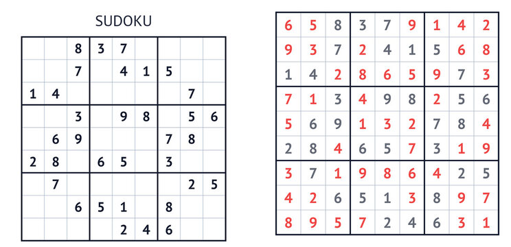 Classic Sudoku puzzle with numbers in gray and red  
