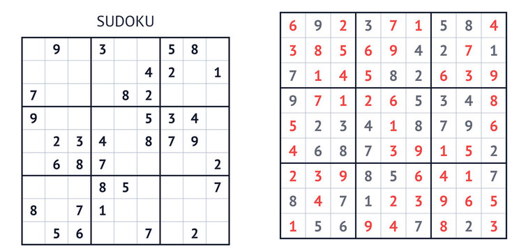 Classic Sudoku puzzle with empty grid and completed solution  