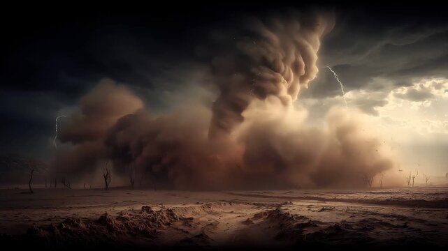 Tornado, twister, weather, natural disaster. A dramatic, atmospheric depiction of a desert landscape. A large, swirling cloud formation, resembling a tornado or tornado, dominates the sky.