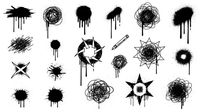 Vector designs of punk doodle hand drawn words and tags. Rebellious phrases in grunge graffiti style with ink splashes and dripping spray paint. Sketch crayon icon tattoo style. Scribble marker art.