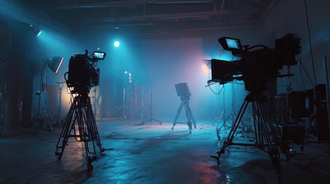 Video production studio with professional cameras, dynamic lighting equipment, and behind-the-scenes setup for cinematic filming