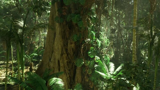 Intimate Phuket trunk study with climbing ferns and moss, sunlight highlights contours, microhabitat for epiphytes, tactile organic feel and ecological detail.
